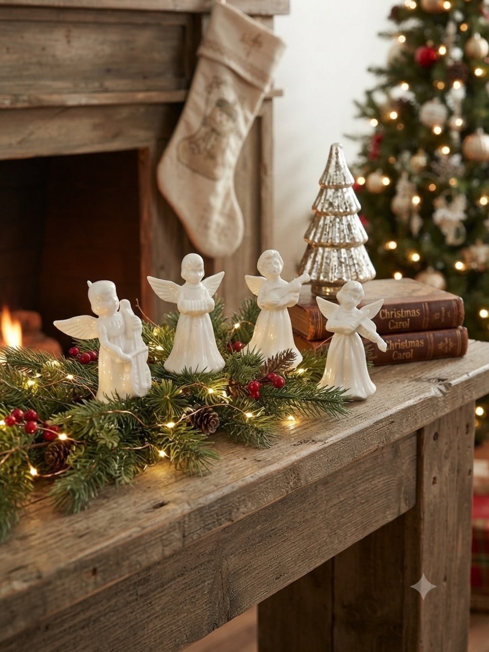 Vintage Glossy White Porcelain Choir Angel Figurines - set of 4  - Retro Decor